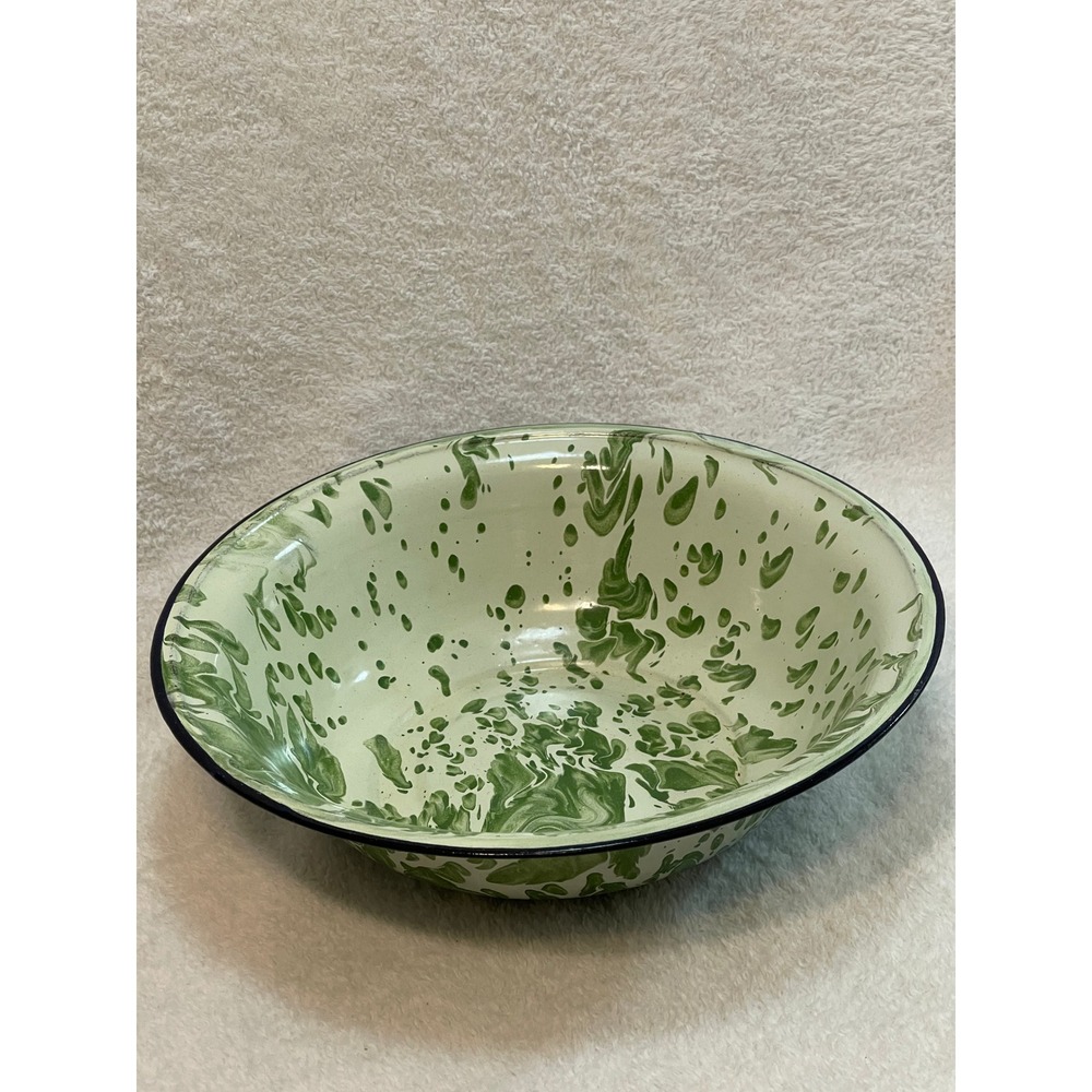 2 Vintage Green White Marble Splatter Enamelware Bowls Set of 2 Farmhouse